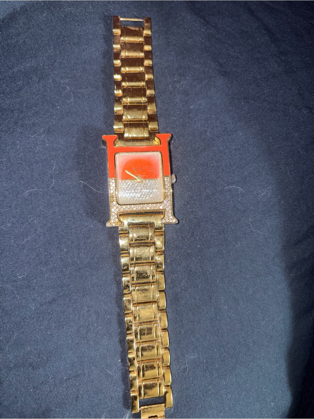 Hermes Gold-Tone Women’s Link Watch with Red Dial and Crystal Accents